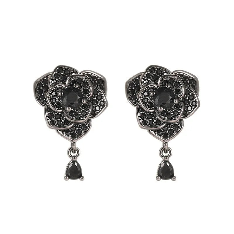 Black rose colour zircon stone floral stud earrings with 18K gold electroplated finish