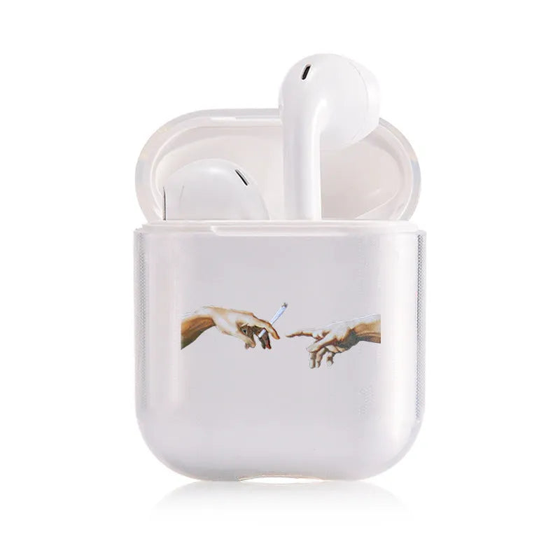 Transparent plastic AirPods protective case showing compatibility with Apple AirPods and AirPods Pro