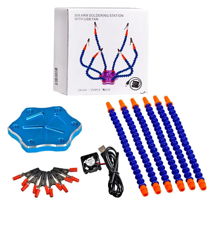 Aluminium alloy model welding station with six adjustable arms and a rotating chuck on a black base.