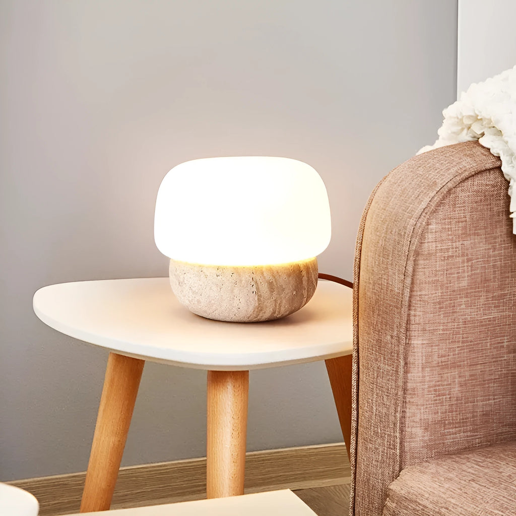 Cream coloured retro bedside lamp with button switch measuring 18cm by 17cm