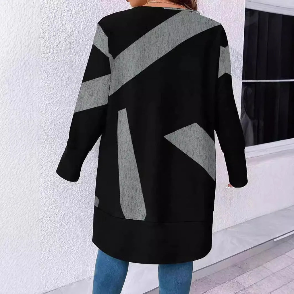 Black plus size casual cardigan coat with button stitching and printed pattern in Japanese Korean style