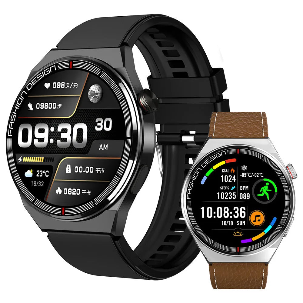 Black smartwatch with a 1.28-inch screen on a silicone strap, showing a heart rate reading on its display.