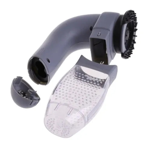 Grey portable pet hair vacuum cleaner with soft rubber head and large collection canister