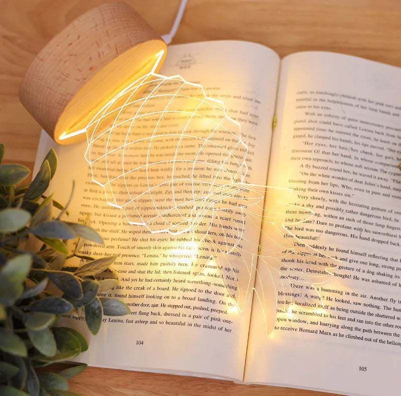 Pineapple-shaped cartoon night light with wood base and acrylic elements on bedside table