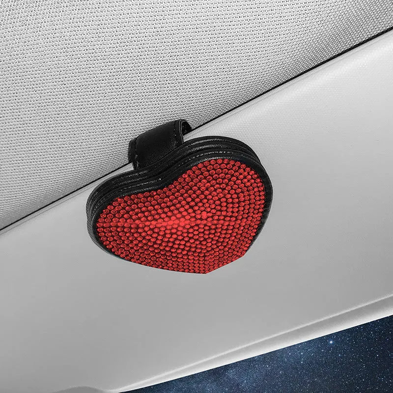 Diamond-encrusted PU leather car sun visor organiser clip with magnetic document holder and glasses storage
