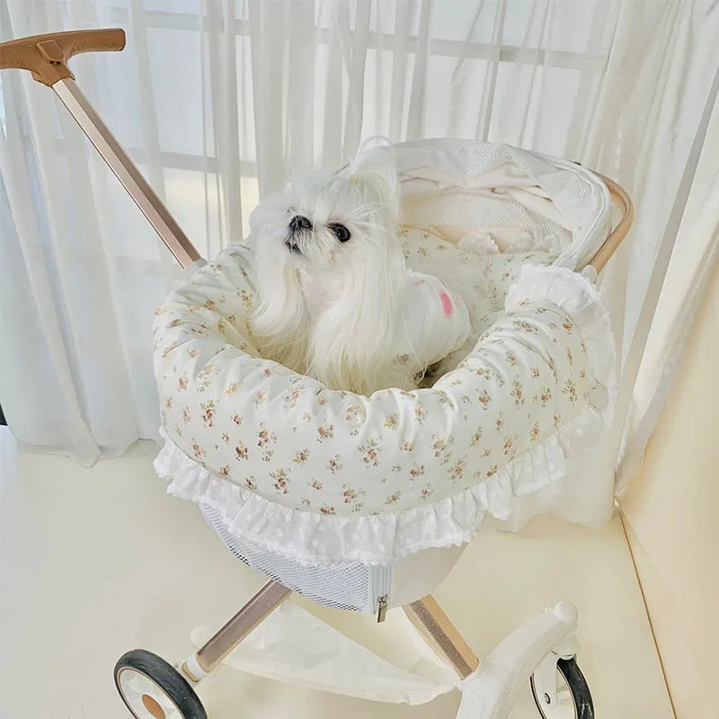 Pet stroller cushion set with cotton towel, pillow and pad in floral pattern