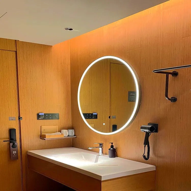 Round smart bathroom mirror with black aluminum alloy frame and LED light in white warm and neutral modes