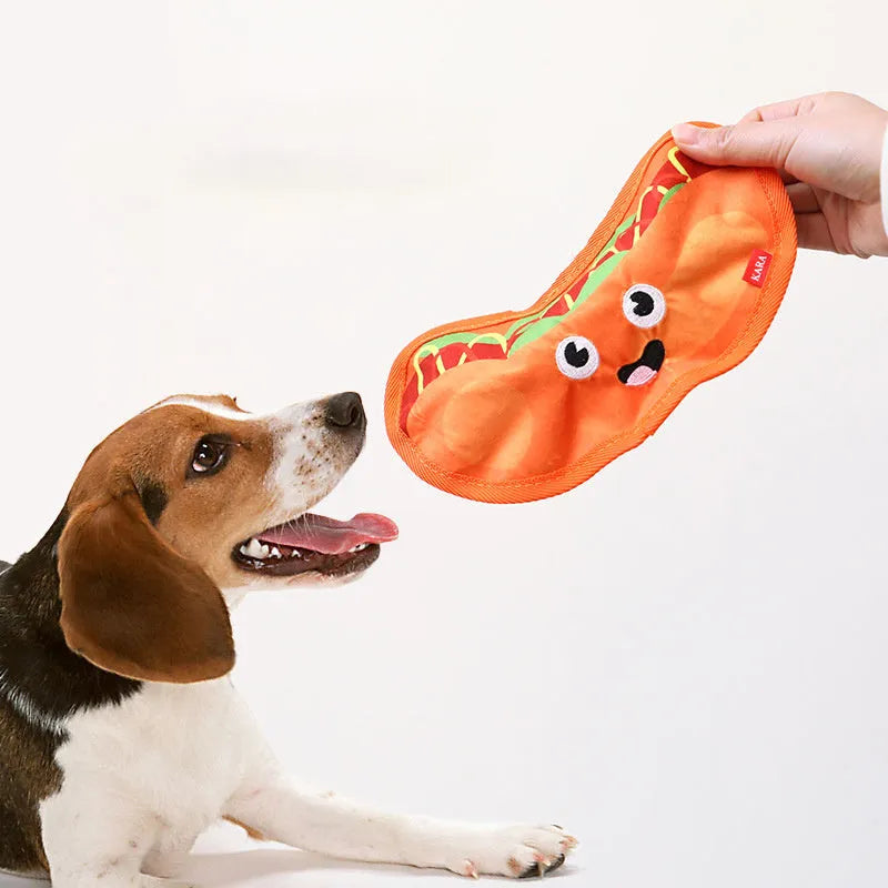 Hamburger-shaped dog toy with vivid colours featuring crinkle and squeaker sounds for interactive play