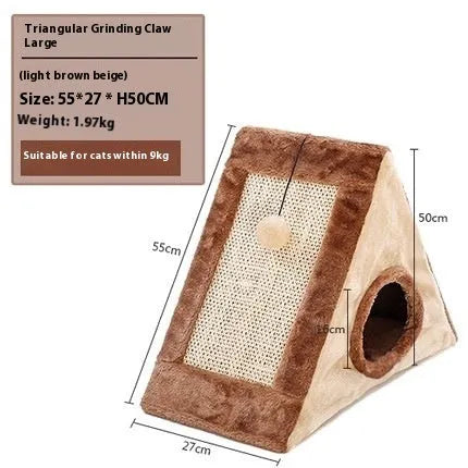 Grey and white triangular cat bed with sisal scratching side and soft fur sleeping mat.