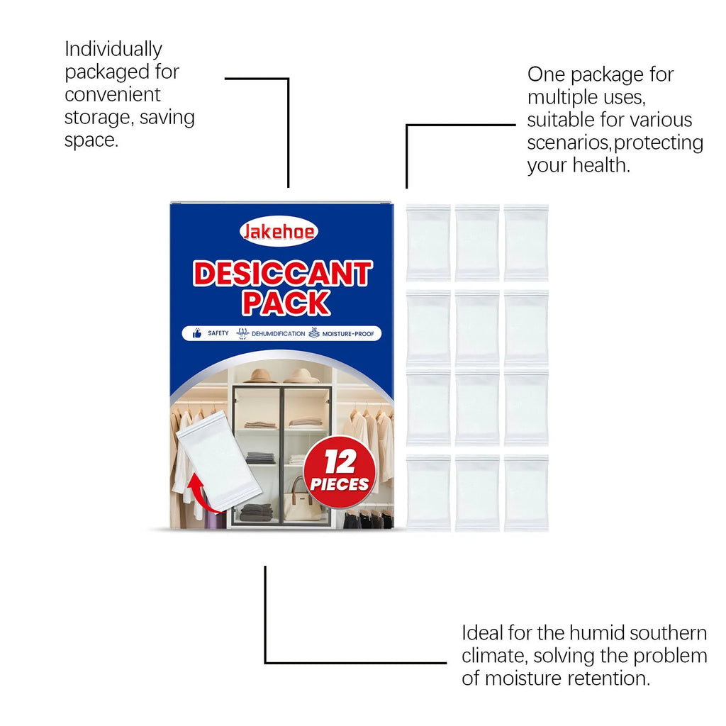 Pack of twelve white calcium chloride desiccant units for household moisture and odour control.