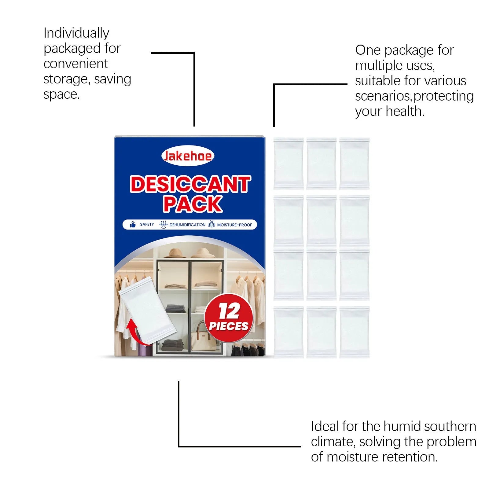 Pack of twelve white calcium chloride desiccant units for household moisture and odour control.