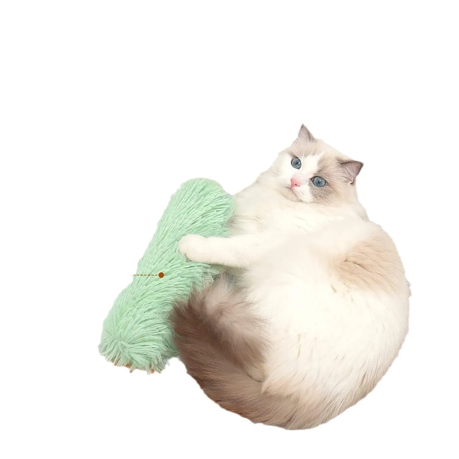 Cat plush toy pillow in blue green pink or white colours measuring 27cm by 10cm