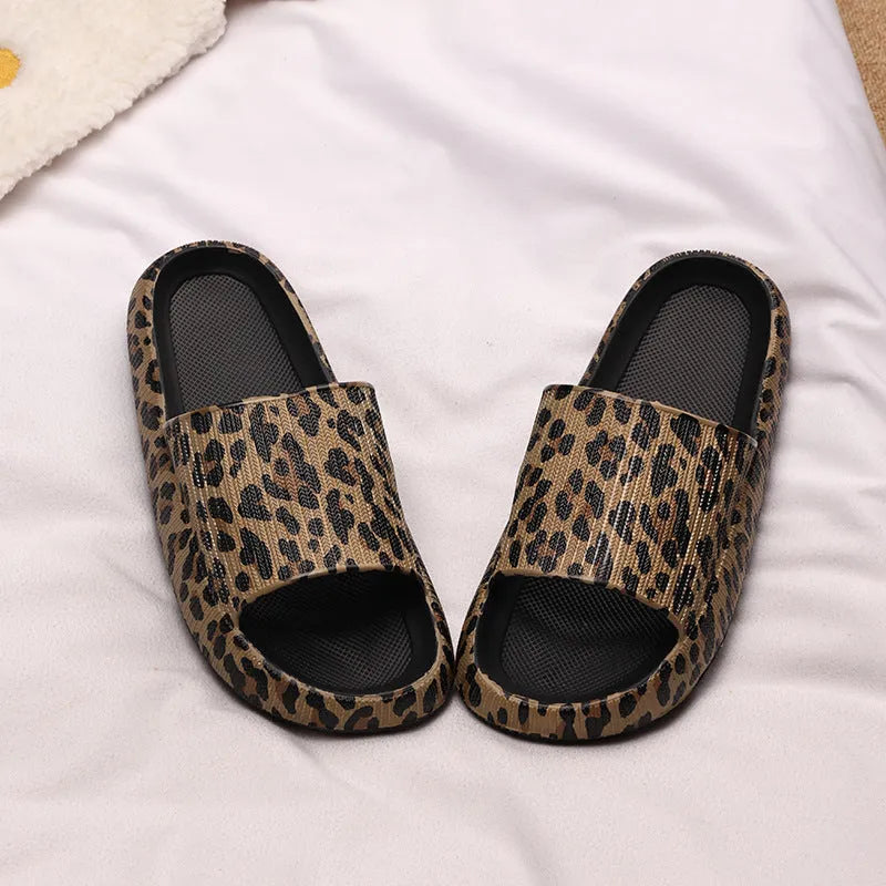 Women's leopard print EVA slippers with thick sole in black, pink, white zebra and khaki colours
