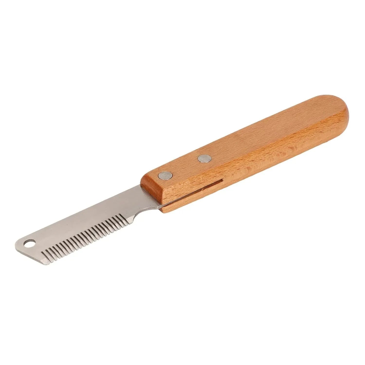 Pet stripping comb with wood handle and metal teeth for removing hair from dogs and cats
