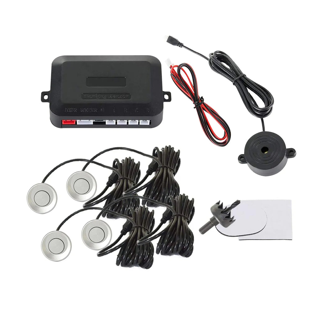 Four-sensor car reversing radar parking system with buzzer alert indicator and installation tools