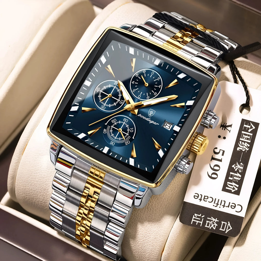 Square faced men's business watch with stainless steel strap on wrist