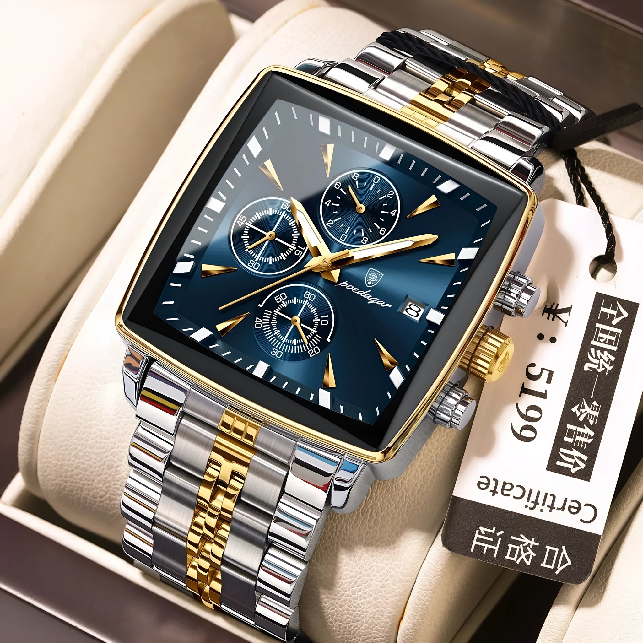 Square faced men's business watch with stainless steel strap on wrist
