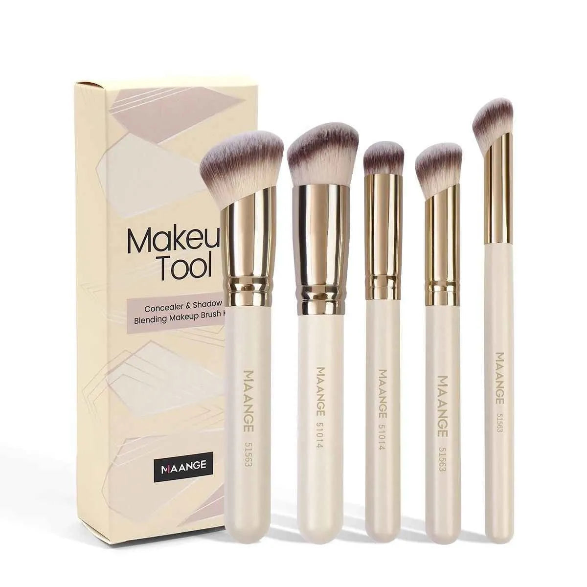 MAANGE apricot coloured 5-piece makeup brush set with angled blusher brush on a table