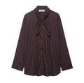 Brown women's long sleeve polyester poplin shirt with bow tie scarf detail, loose fit cardigan style