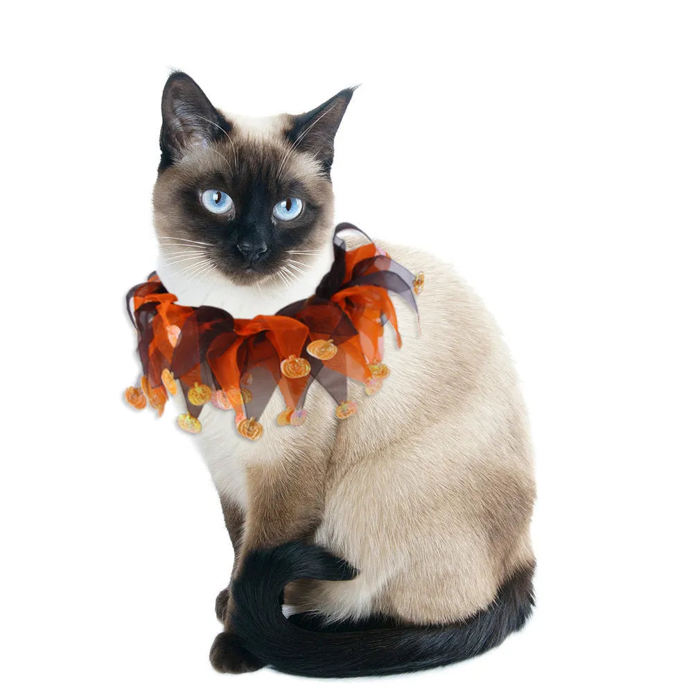Tie-dyed cloth dog collar showing colour variations with Christmas and Halloween theme options