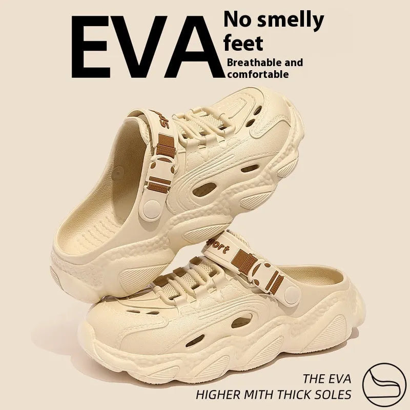 Men's khaki outdoor slippers with breathable hollow-out design and textured EVA sole.