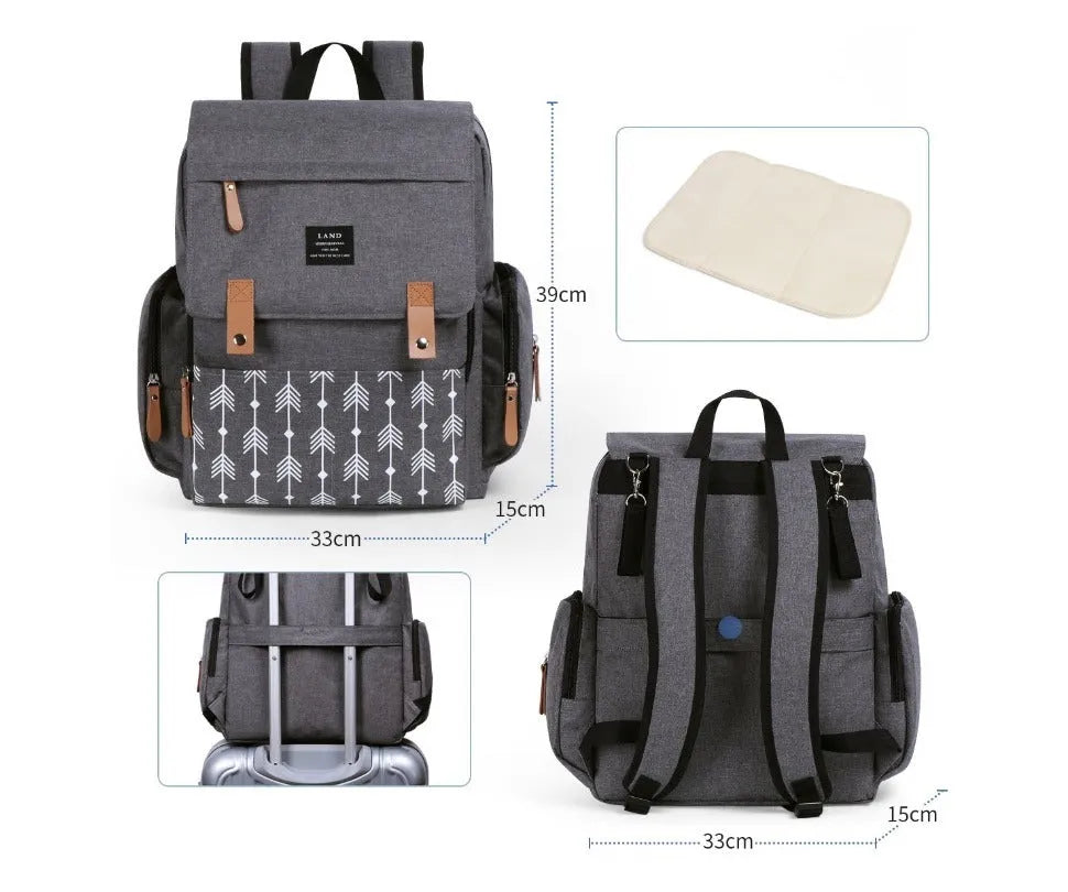 LAND Mommy MPB86 large grey oxford cloth diaper backpack with shoulder straps and changing mat.
