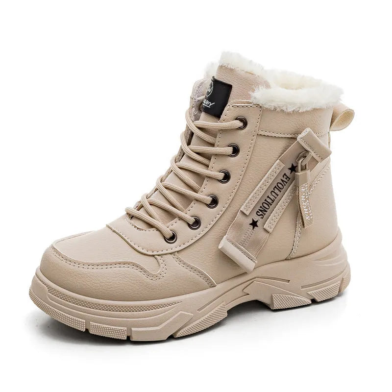 Plus size women's snow boots in black with fleece lining and lace-up front