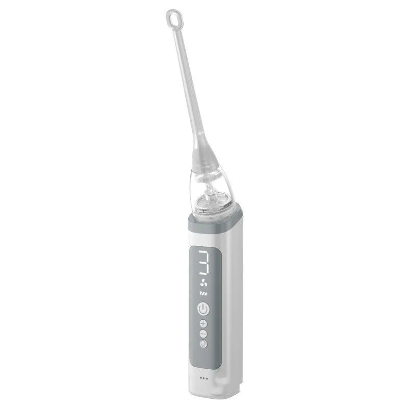 Milky white tonsil stone removal tool kit for oral hygiene, extractor tool on a plain background.