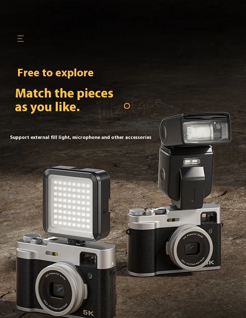 Black or brown 5K HD digital camera with optical viewfinder and 2.88-inch screen