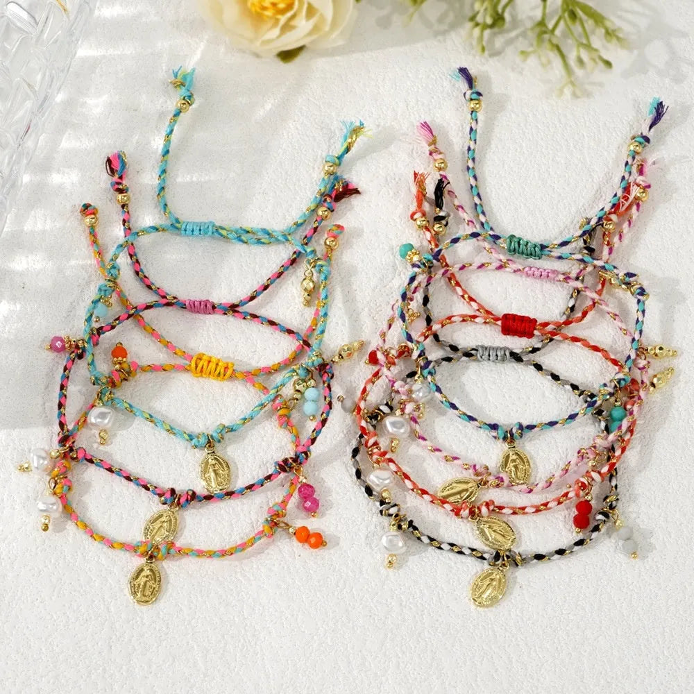Hand-woven colourful braided rope bracelet with an adjustable carrying strap for women.