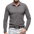 Man wearing a dark gray polo collar long sleeve cotton t-shirt in American retro style.