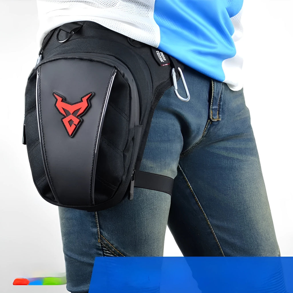 Motorcycle leg bag made of 1200D Oxford cloth in blue, shown mounted on a rider's thigh.