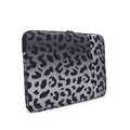 Leopard print laptop sleeve for 13-inch to 16-inch devices with flannel lining.