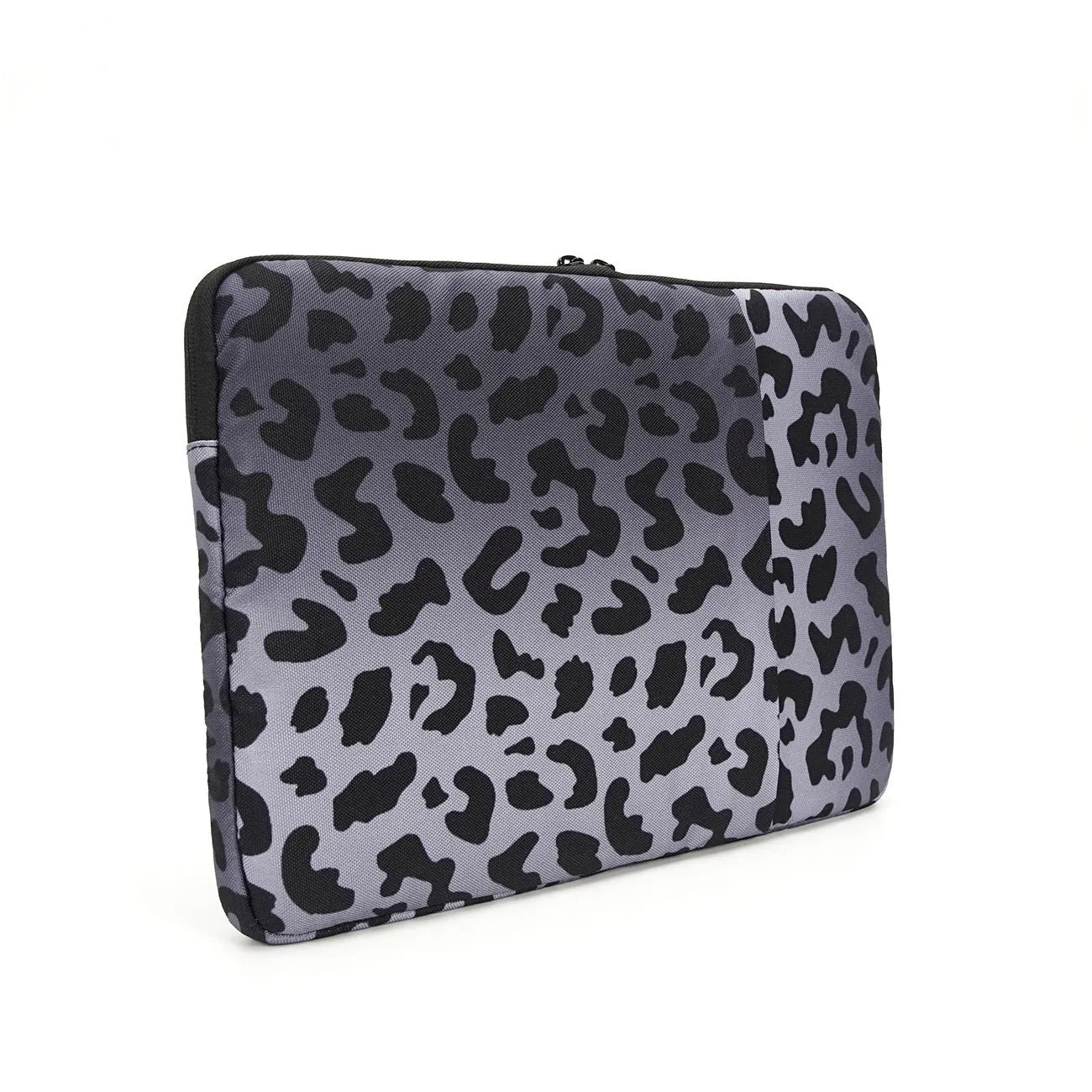 Leopard print laptop sleeve for 13-inch to 16-inch devices with flannel lining.