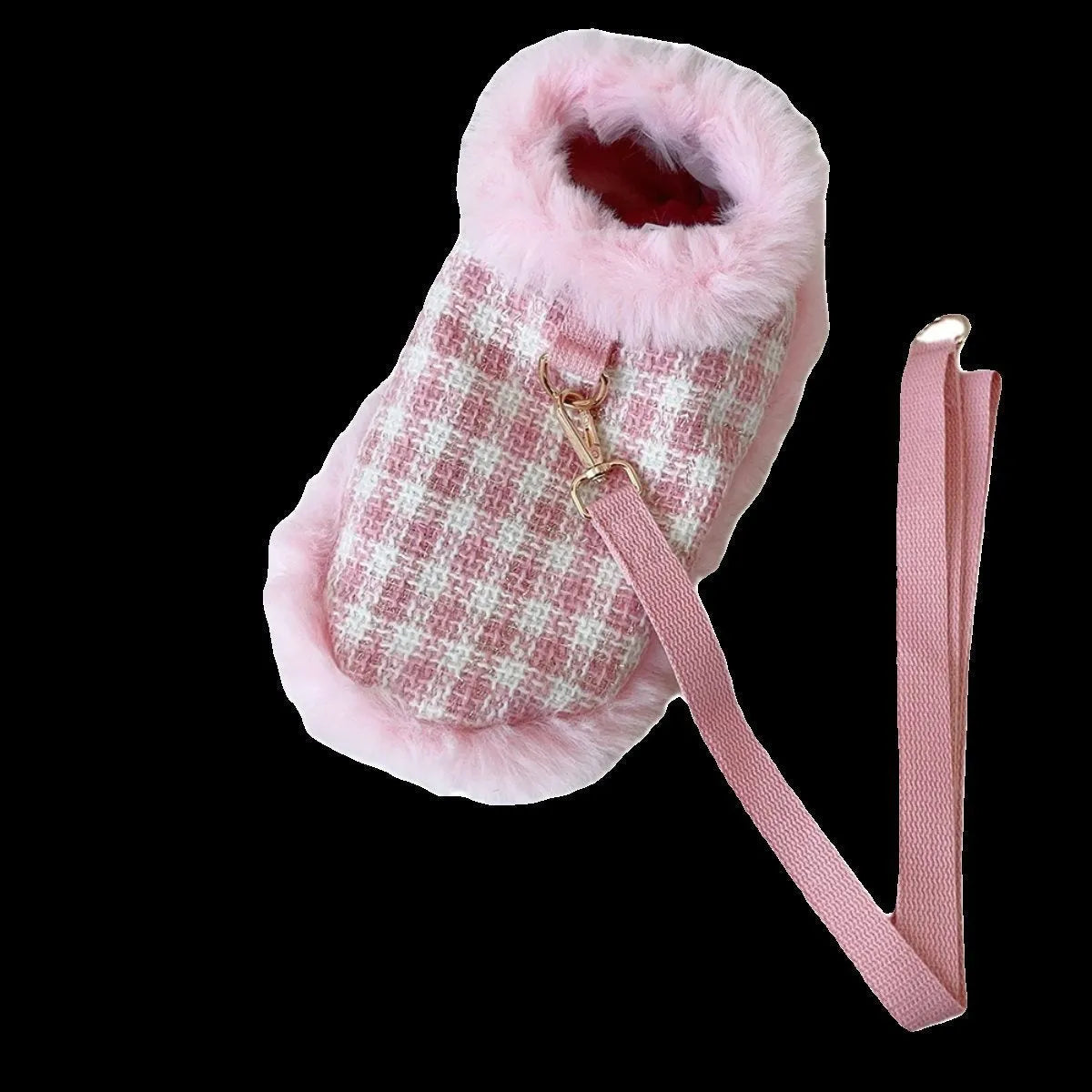 Pink polyester cat clothing set with cloak, beret and drawstring on small cat