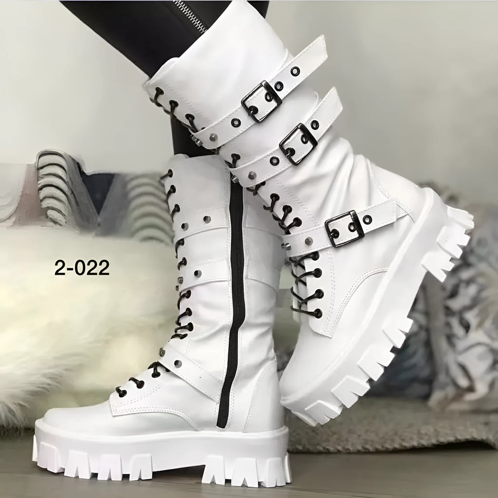 Black women's mid-calf knight boots with metal buckle straps and a side zipper on a round toe.