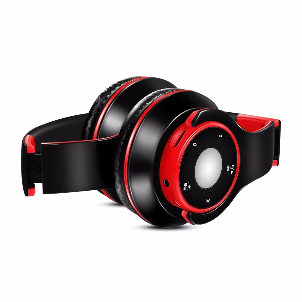 Foldable wireless Bluetooth headset in blue, red, or rose red with adjustable hinges.