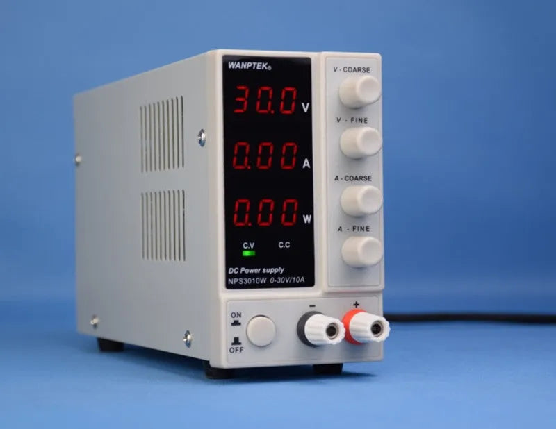 White adjustable DC power supply unit for electronics repair with voltage and current controls