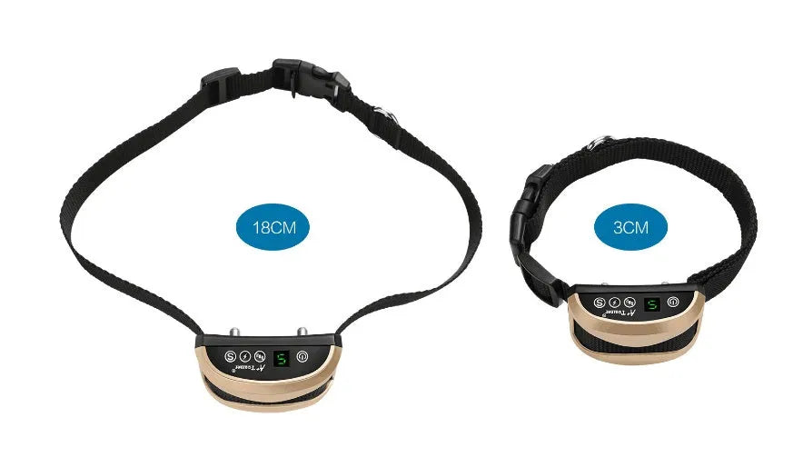 Black waterproof dog bark collar with digital display screen and adjustable reflective strap