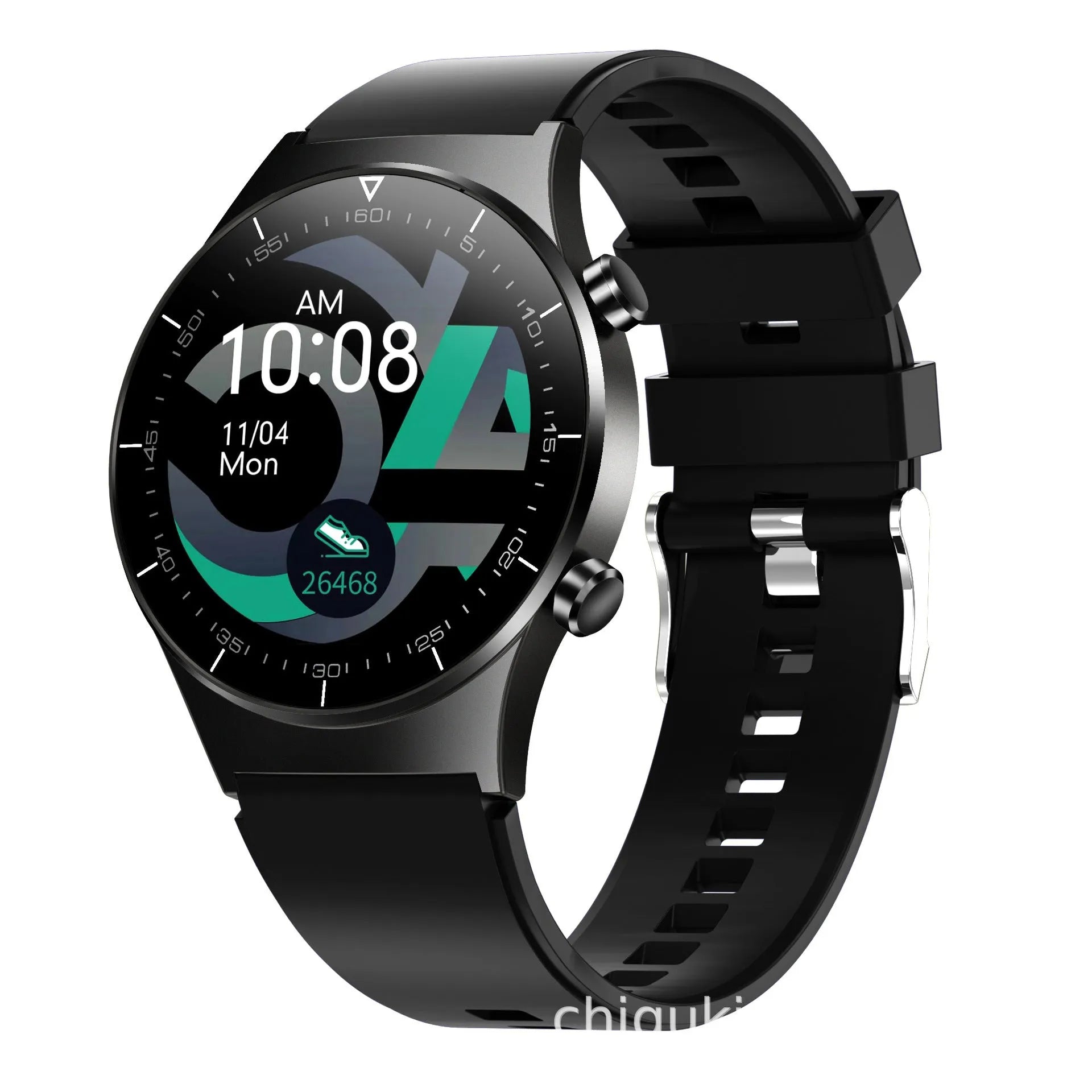 Black smart watch with glass touchscreen displaying heart rate on wrist