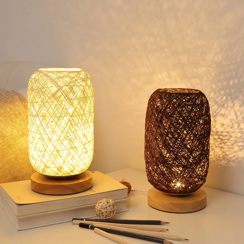 Brown woven hemp rope Sepak Takraw desk lamp with solid wood base and USB cable