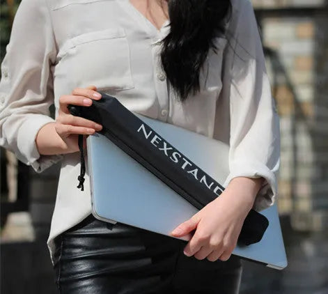 Black folding portable laptop stand made from reinforced nylon, shown in open and closed positions