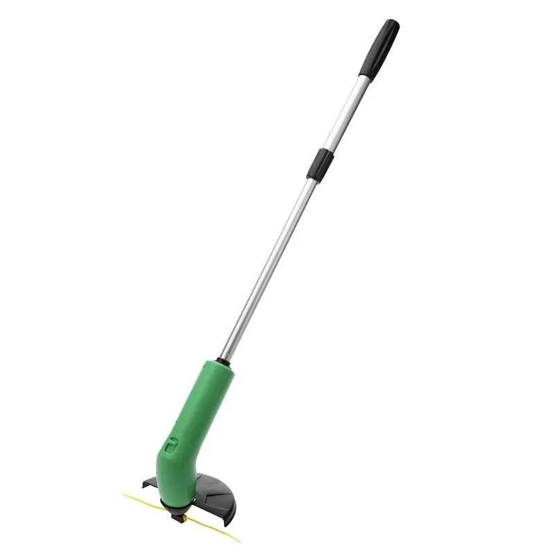 Cordless Zip Trim handheld lawn mower and weed trimmer with extension pole and debris shield.