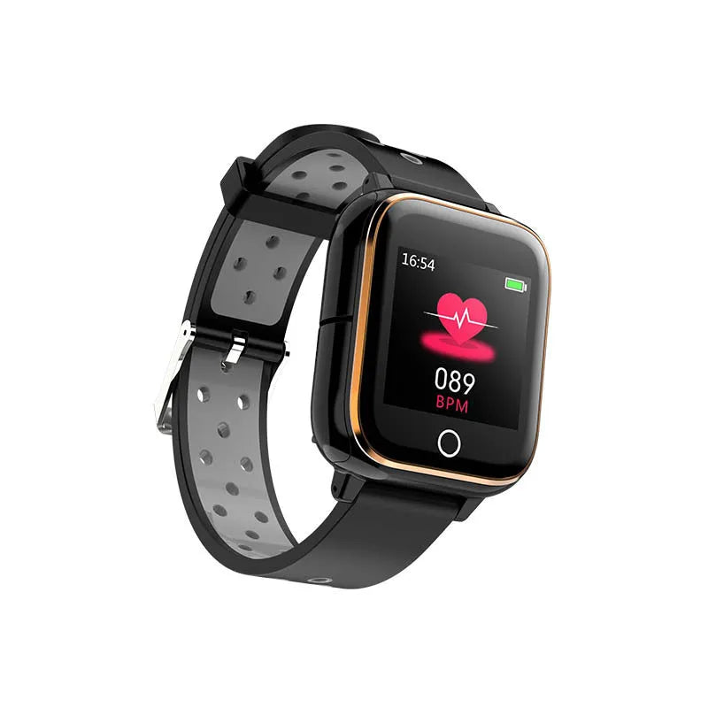 Black smartwatch with Bluetooth earbuds stored in the watch casing, showing the 1.4-inch screen.