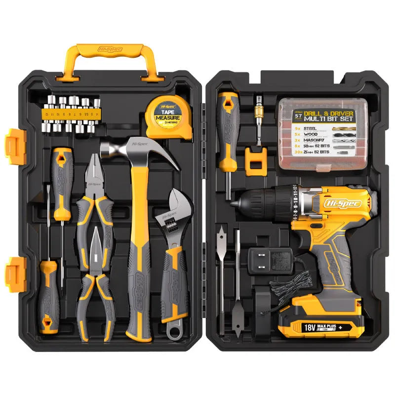 Grey yellow case containing 82-piece chrome-vanadium steel furniture tool set for installation and assembly
