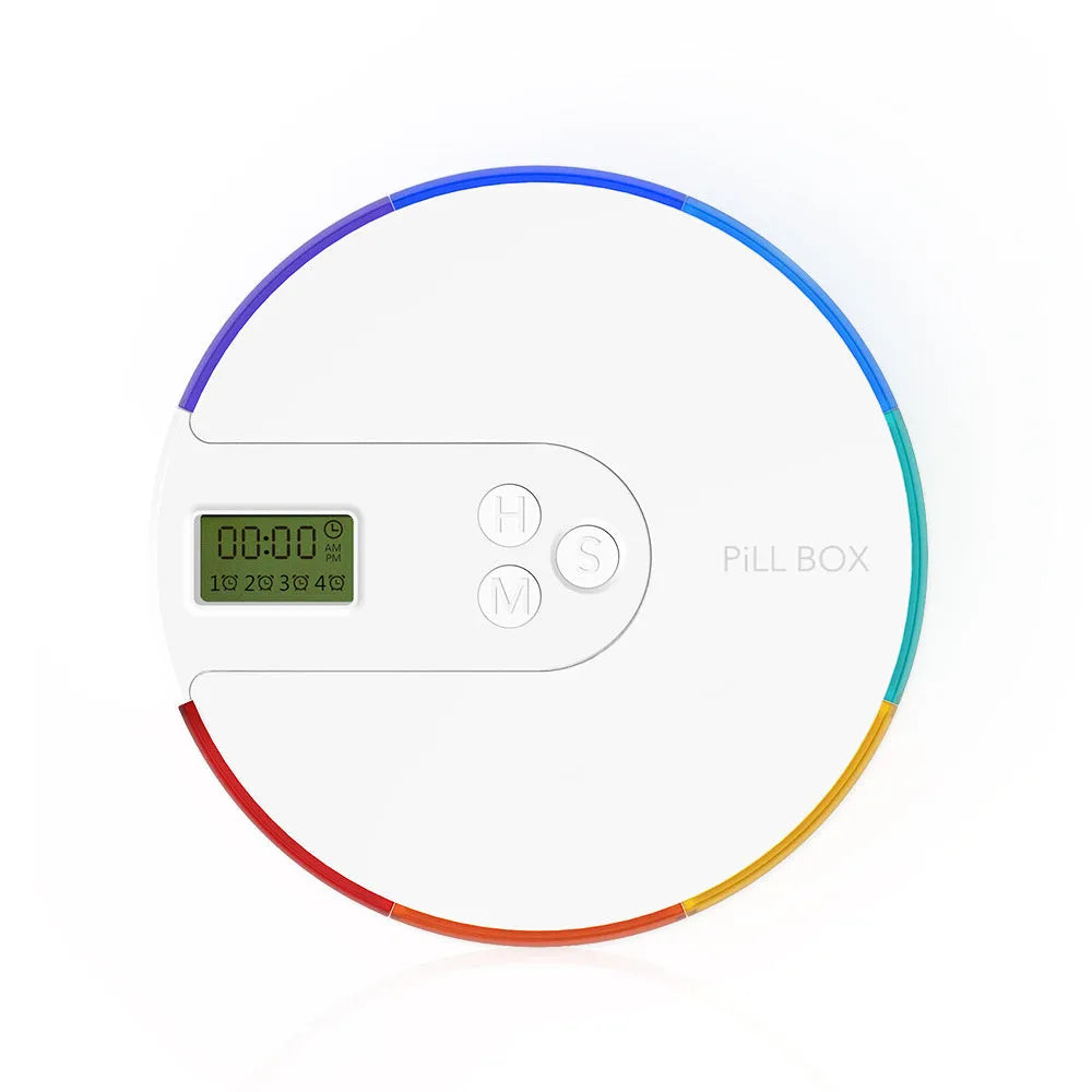 Seven-compartment electronic pill dispenser with alarm clock display, shown in multiple colour options.