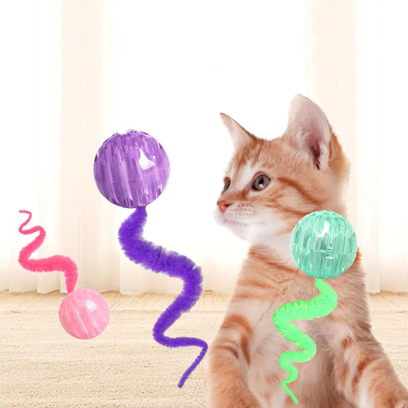 Interactive bouncy ball cat toy with elastic tail in TPR and plush materials