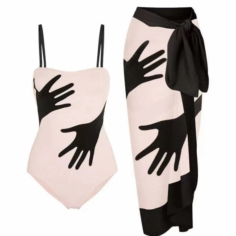 Women's one-piece bikini swimsuit with gauze skirt overlay in polyester fabric