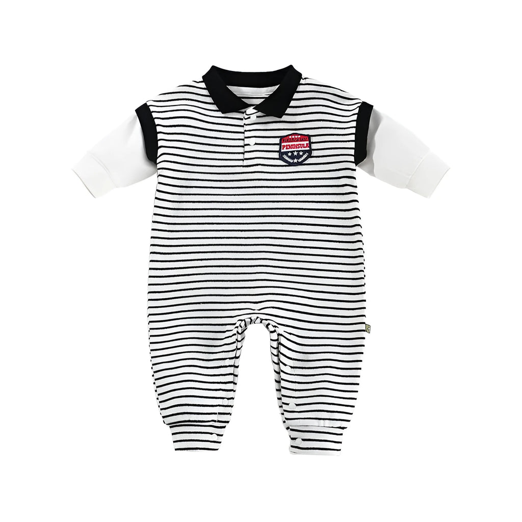 Striped cotton baby onesie in blue or black, pullover style, sizes 66cm to 90cm, autumn newborn clothing