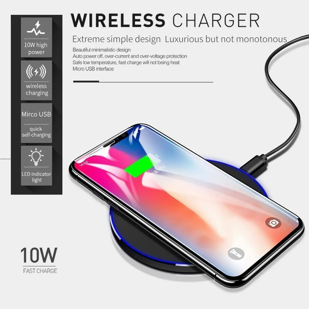 Ultra-thin black QI wireless fast charger with dimensions 98x98x6.5mm showing charging surface and USB port